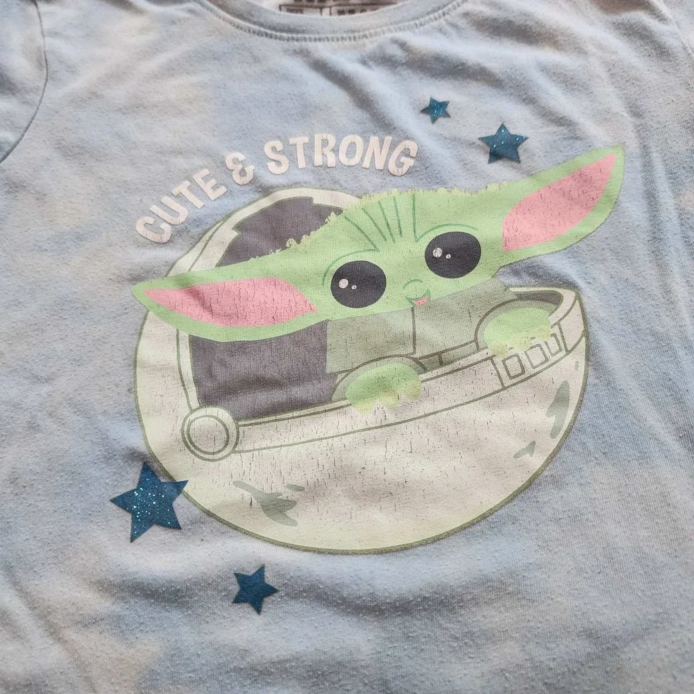 Star Wars Grogu Baby Yoda Cute & Strong Blue Acid Wash Tee Kids Size s